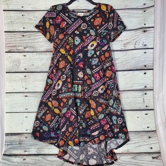 LuLaRoe Carly Dress XXS Black Bright Tribal Print Hi-Low Hem Short Sleeve Simply - Picture 1 of 8